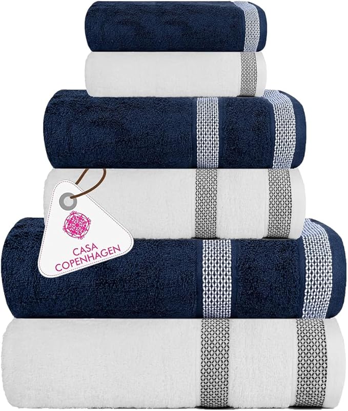 CASA COPENHAGEN Solitaire 6Pcs 100% Egyptian Cotton Large Designer Towels Gift Set- Navy Blue - White, 600GSM, 2Bath 2Hand 2Washcloths, Bath Towels for Bathroom Set for Women & Men
