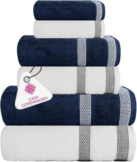 CASA COPENHAGEN Solitaire 6Pcs 100% Egyptian Cotton Large Designer Towels Gift Set- Navy Blue - White, 600GSM, 2Bath 2Hand 2Washcloths, Bath Towels for Bathroom Set for Women & Men