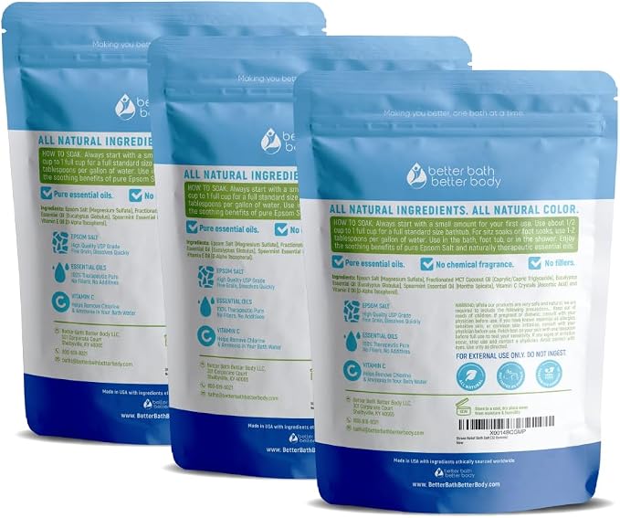 Stress Relief Bath Salt (3 Pack) Epsom Salt Relaxing Bath with Eucalyptus and Spearmint Essential Oils Plus Vitamin C Crystals in BPA Free Pouch Made in USA 2 lbs Pouches 6 Lbs Total