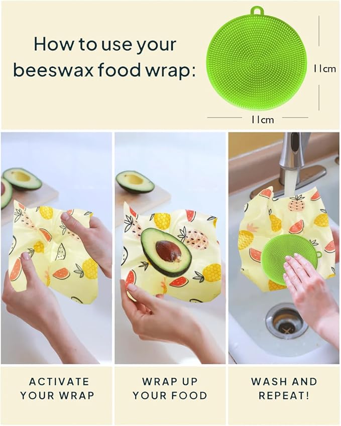Organic Beeswax Wraps - Reusable Food Wrap for Sandwiches, Bread & Cheese | Bee Wrap with multifunctional brush, 3 Sizes Plastic-Free (Multipack)