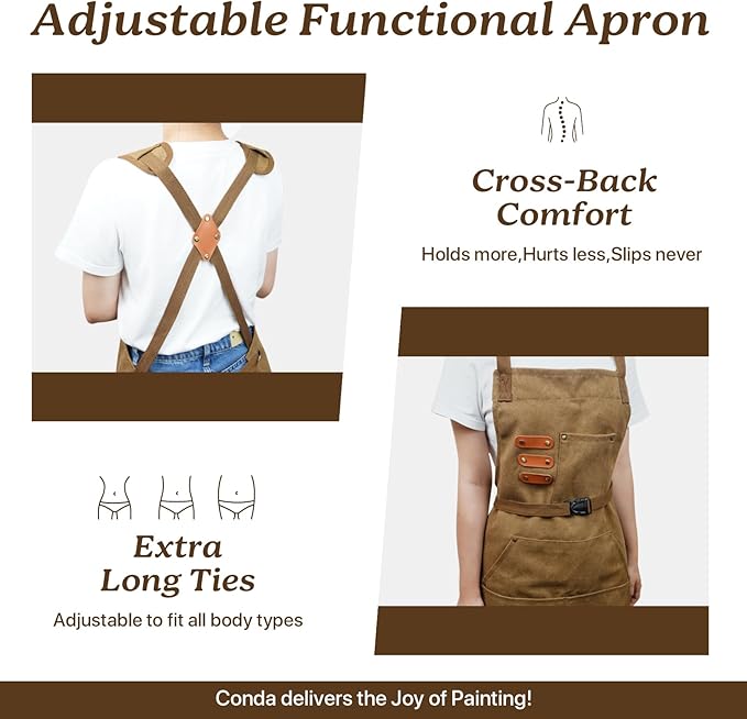 conda Chef Apron, 1 Pack, Cross Back Straps Apron with Pockets for Men Women, Cotton Canvas Adjustable Work Apron for Cooking Pottery Baking Serving