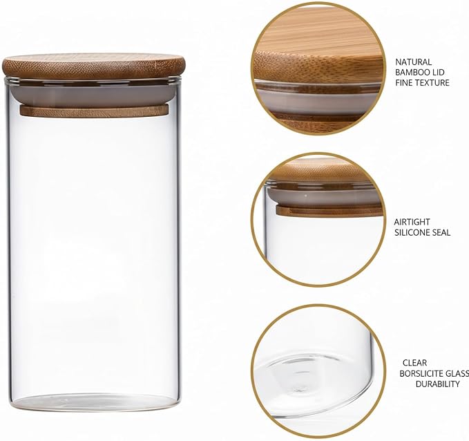 Borosilicate Glass Storage Jars with Bamboo Lids, Clear Kitchen Canisters for Pantry Organization of Dry Goods, Coffee, Tea, and Grains