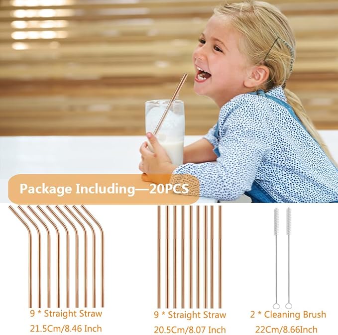 AOTWAN Straws, Stainless Steel Straws, Rose Gold Metal Straw, Reusable, Includes 9 Straight + 9 Curved + 2 Cleaning Brushes, Stainless Steel Straw for Cocktails, Smoothies