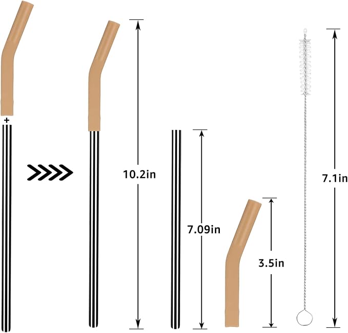 Tronco Set of 6 Stainless Steel Reusable Metal Straws with Silicone Flex Tips Elbows Cover, Metal Drinking Straws for Tronco Tumbler, 6 Steel Straws,6 Silicone Tips,1 Straw Cleaning Brush（Black)