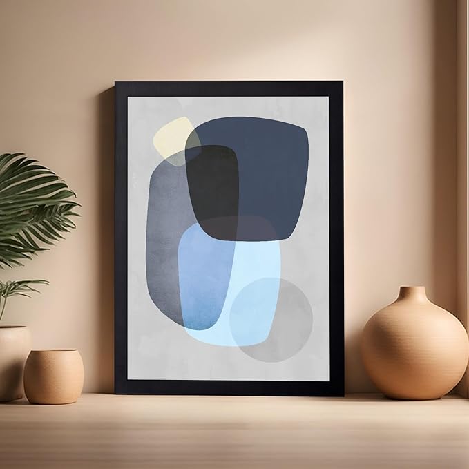 Monem Art Abstract Blue Shapes Print - Scandinavian Minimalist Art Poster - Wall Decor for Living Room, Bedroom or Office - 16x20 Black Framed Wall Art by Mareike Bohmer