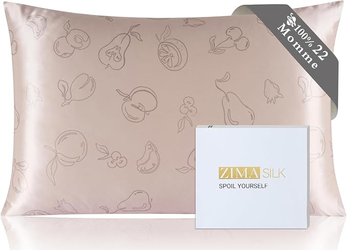 ZIMASILK 22 Momme Silk Pillowcase for Hair and Skin, 100% Mulberry Silk with Hidden Zipper, Grade 6A Luxury Pillow Case for Women, Soft & Durable, Gift Box (Queen 20"x30" Pink - Fruit Line Art)
