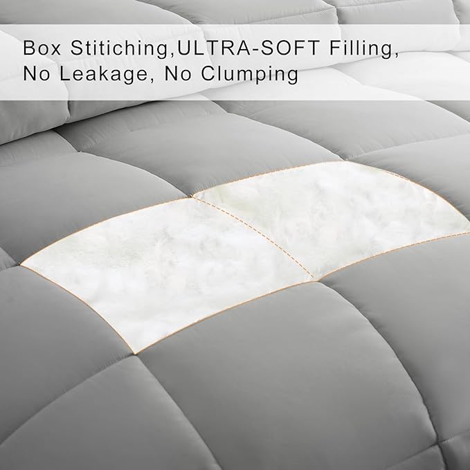 COHOME Oversized Queen Size Comforter, All-Season Quilted Down Alternative Duvet Insert, Luxury Hotel GentleSoft Comforter with Anti-Clump Tech & 8 Tabs - Reversible - Light Grey 98 x98 inches