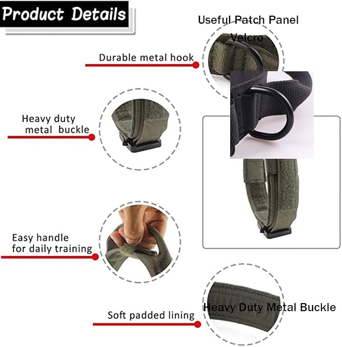 Tactical Dog Collar and Leash Set Adjustable Military Nylon Dog Collar with Control Handle and Heavy Duty Metal Buckle for Large Dogs（Green M