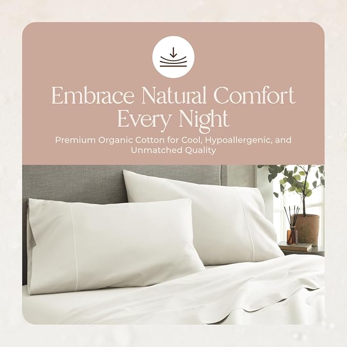 Organic California King Fitted Sheet Only Deep Pocket - 100% Organic Cotton Sheets with 300 Thread Count Sateen Weave GOTS & Fairtrade Certified - Soft Fitted Bed Sheets Only (Natural, Cal King)