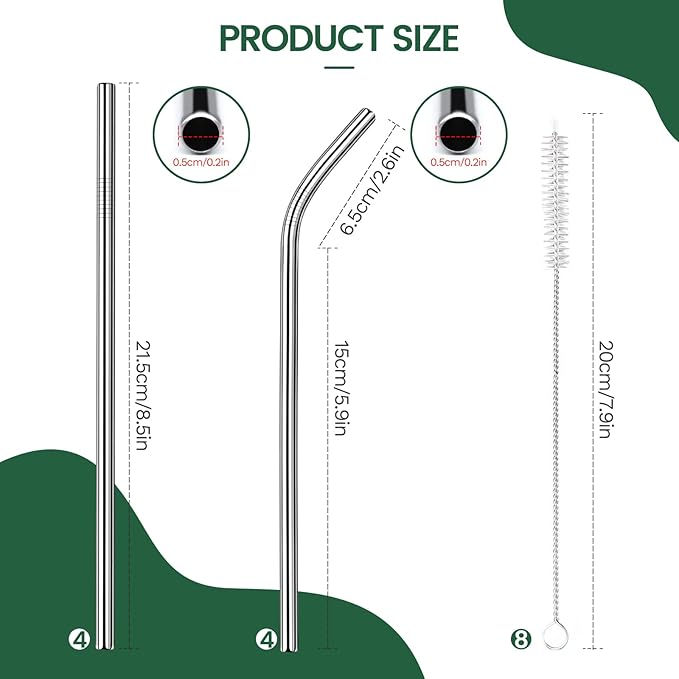 8 Pack 8.5 Inch Reusable Stainless Steel Metal Straws Individually Wrapped,4 Bent + 4 Straight + 8 Cleaning Brushes,Reusable Metal Straws for 20 oz Tumblers,Cold Drinking Stainless Steel Straw