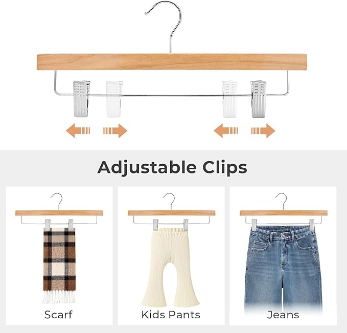 HOUSE DAY Premium Wooden Pants Hangers 25 Pack, Solid Lotus Wood Skirt Hangers with 2-Adjustable Clips, Heavy Duty & Anti Slip Wood Bottom Hanger for Slacks, Jeans, Trousers, Shorts (Natural)
