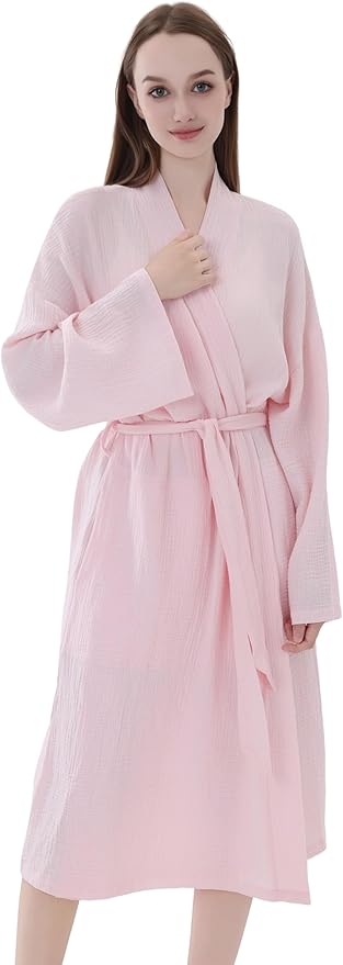 Women's Organic Cotton Bathrobe Long Sleeve Nightgowns Lightweight Waist-Tie Bath Robe for Home Spa Muslin Cotton Beach Wear