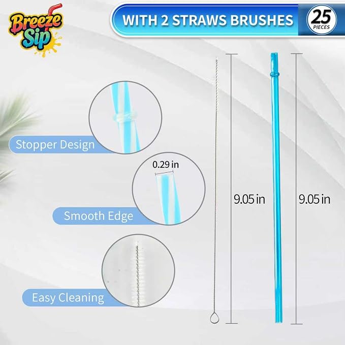 25 Pieces Reusable Plastic Straws with 2 Cleaning Brush, 9.05" Long 0.29" Diameter, BPA-Free Colorful Drinking Straws for 12-20 oz Tumblers and Mason Jars