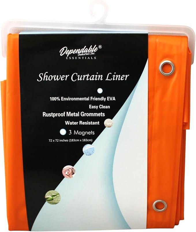 Dependable Industries inc. Essentials EVA Shower Curtain Liner - Water-Resistant, Rustproof Metal Grommets, 3 Magnets Bottom, Easy Clean, 72" x 72" Size (Orange)