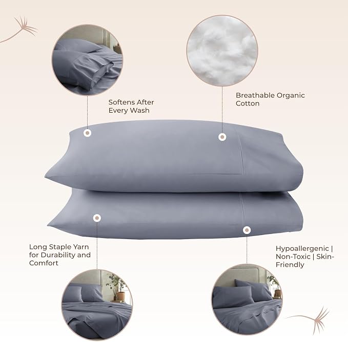 100% Organic Cotton Pillow Cases King Size Set of 2-100% Cotton Pillowcases GOTS Certified 300 Thread Count - Naturally Cooling Comfortable Breathable & Soft Pillow Cases (Mineral, King)