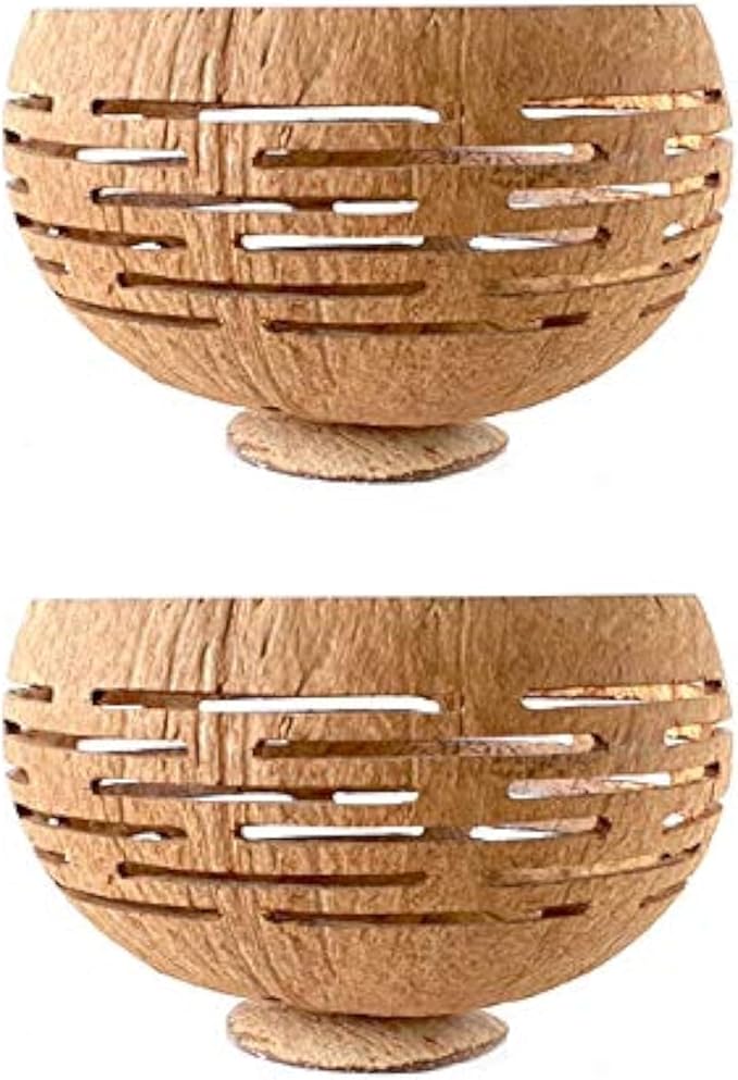 Rainforest Bowls Set of 2 Horizons Coconut Planters w/Drainage Hole- Perfect for Succulents, Flowers, Small Plants, Indoor & Outdoor Gardens- Handcarved by Artisans, Eco-Friendly & Sustainable