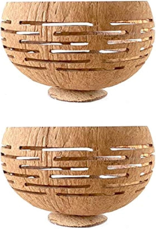 Rainforest Bowls Set of 2 Horizons Coconut Planters w/Drainage Hole- Perfect for Succulents, Flowers, Small Plants, Indoor & Outdoor Gardens- Handcarved by Artisans, Eco-Friendly & Sustainable