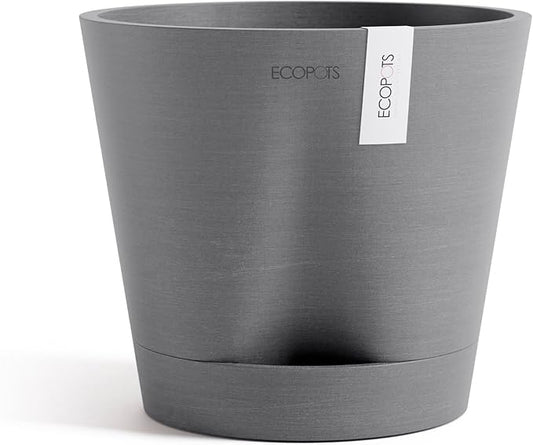 Ecopots Venice 2 Durable Modern Round Indoor/Outdoor Recycled-Based Composite Flower Pot Planter w/Water Reservoir, Grey, 8"