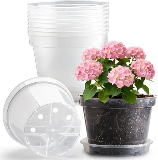10 Pack 10 Inch Clear Nursery Pots with Saucers, Transparent Sturdy Plastic Plant Pots, Large Gardening Pots with Drainage Hole, Planting Starter Pot for Indoor Outdoor Flowers Herbs Vegetables