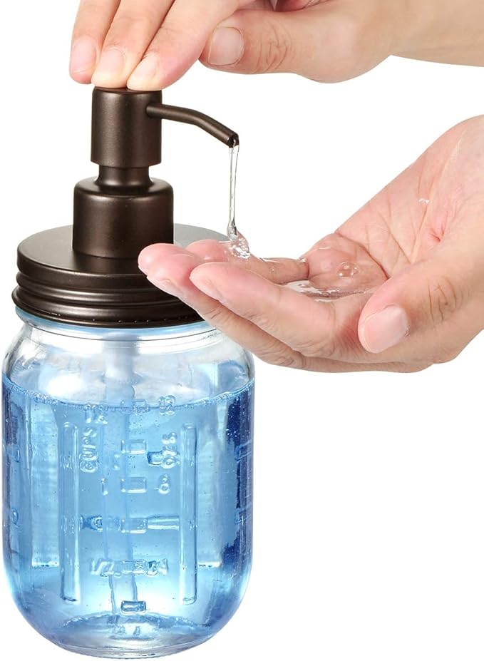 Amolliar Mason Jar Liquid Soap Dispenser, 16OZ Stainless Steel Pump Lid & Waterproof Stickers, Refillable Hand Soap, Dish Soap Dispenser for Kitchen, Bathroom Accessories Set, Farmhouse Decor, Bronze