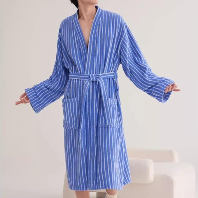 Cotton Terry Stripe Bathrobe For Women And Men,Luxury Kimono Soft Terry Cloth Robe,Comfortable Loungewear Nightwear