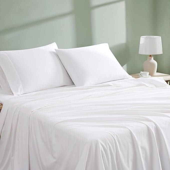 Linen Closet 100% Organic Cotton Queen Sheets Set - 4 Pieces Percale Weave Cooling Bed Sheets for Hot Sleepers - 16" Deep Pocket Fitted Sheet - Crisp, Breathable & Brushed for Softness - Arctic White