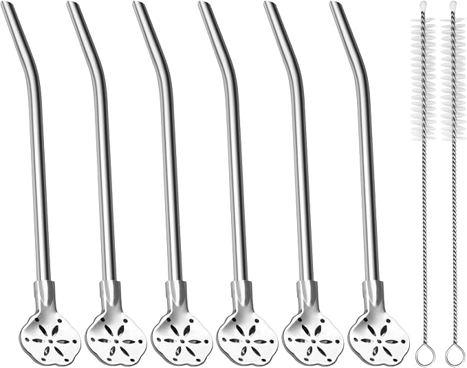 6.3'' Yerba Mate Straw, 6 Pcs Bombilla Metal Spoon Straws Stainless Steel Drinking Filter Straws, Reusable Bent Straw with Cleaning Brush, Removable Straw Spoon for Tea Cocktail coffee(Silver)