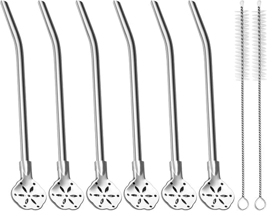 6.3'' Yerba Mate Straw, 6 Pcs Bombilla Metal Spoon Straws Stainless Steel Drinking Filter Straws, Reusable Bent Straw with Cleaning Brush, Removable Straw Spoon for Tea Cocktail coffee(Silver)