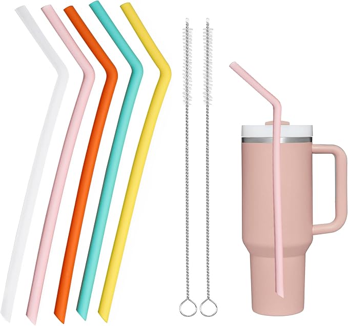 HEYSKAY Reusable Drinking Straws Replacement Bendy Silicone Straws Compatible with Stanley 20-40oz Tumblers and Other Brands with 2 Straw Brushes, Soft and Safe, Colorful