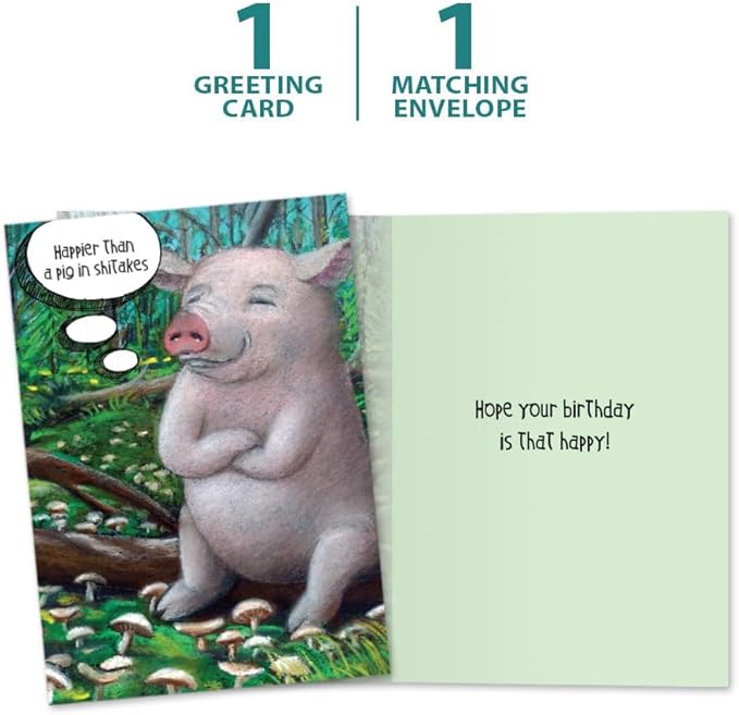 Tree-Free Greetings - Birthday Card - Artful Designs - 1 Card + Matching Envelope - Made in USA - 100% Recycled Paper - 5 x 7 - Pig in Shitakes (VO69631)