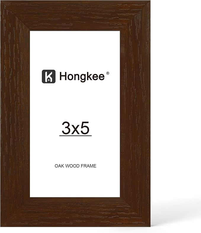 Hongkee 3x5 Oak Wood Picture Frame (1 Pack, Walnut) with Real Glass Cover | Solid Wood 3 x 5 Small Frame for Wall or Tabletop Display - Includes Easel Back, Vertical Hang - Ideal for Home, Office