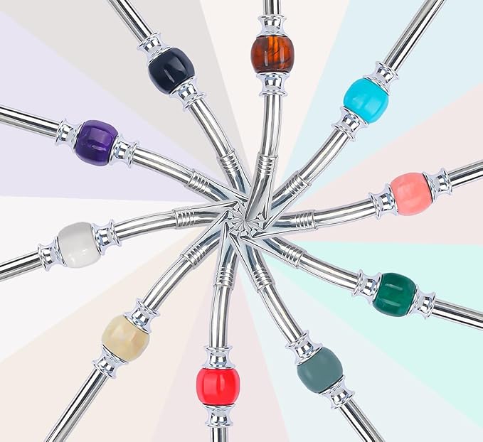 Premium Yerba Mate Straws - Reusable Stainless Steel Bombilla with Colorful Beads - Set with Removable Head Filter (Black)