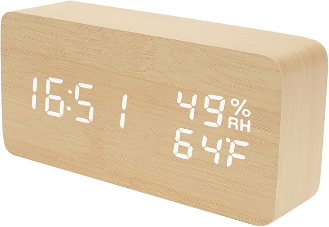 Alarm Clock Wooden Digital Clock Modern Decorative Electronic LED Desk Clock Display Time Date Temperature Humidity 3 Alarms Brightness Adjustable for Home Office Bedroom(Beige,White)
