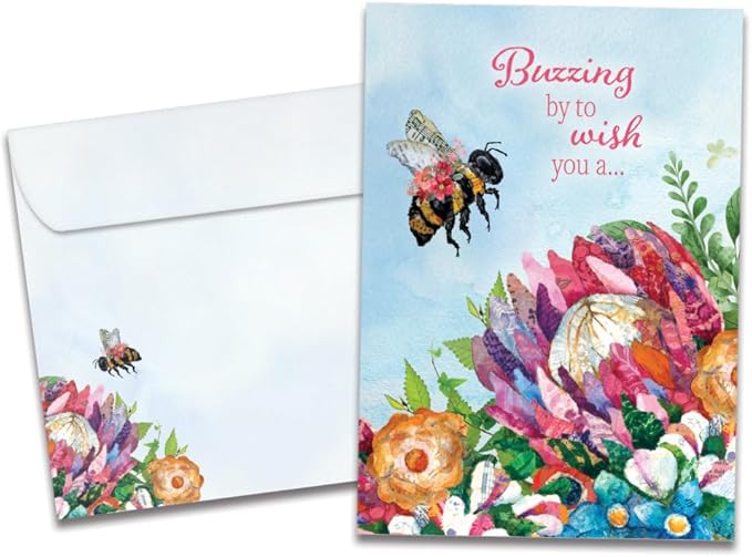 Tree-Free Greetings Sweet Bee Birthday Card - 1 Recycled 5x7 Card & Matching Envelope, Thick Cardstock, Made in USA - Colorful Flowery Pollination