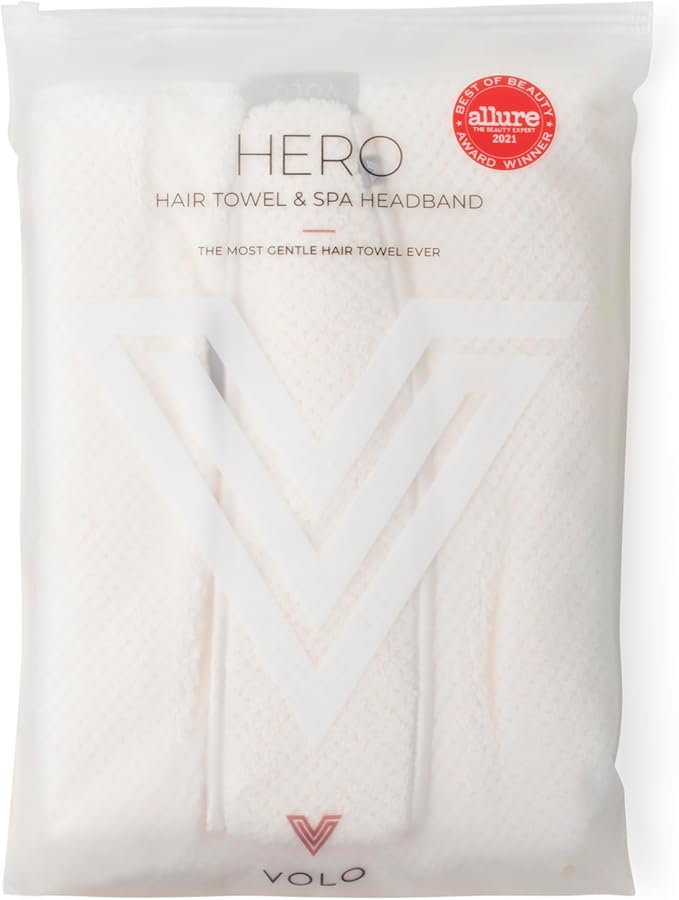 VOLO Hero Hair Towel + Facial Spa Headband for Women | Wrap Towel + Headband for Washing Face & Makeup | Ultra-Soft, Fast Drying, Anti-Frizz Nanoweave Fabric | Reusable Package (Salt White)