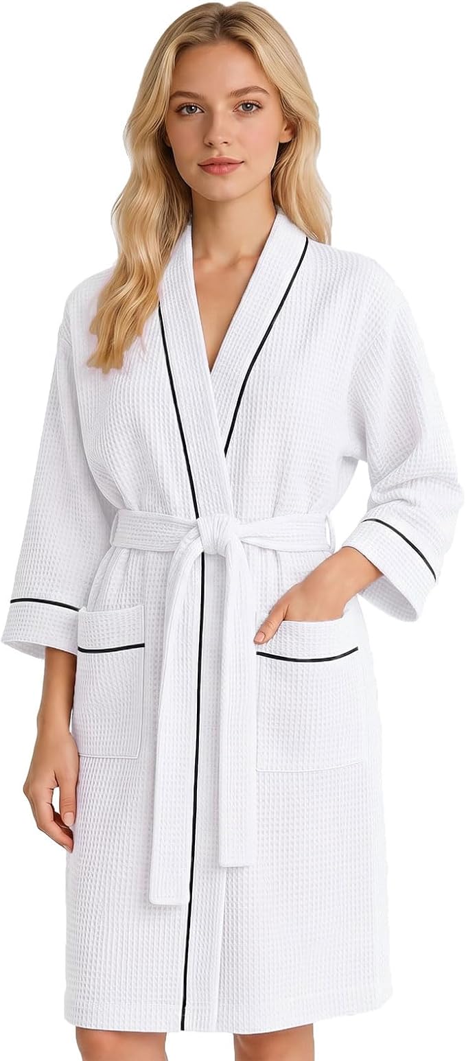 Inner Wish Women's Cotton Waffle Kimono Robe, Lightweight Quick Dry Spa Shower Robe with Pockets
