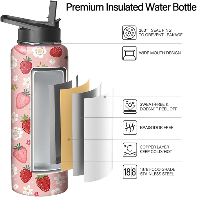 40oz Pink Strawberry Water Bottle with Handle and Flip Straw, Sports Stainless Steel Insulated Cup Travel Coffee Mug Tumbler, Birthday Mothers Day Chritmas Gifts for Women