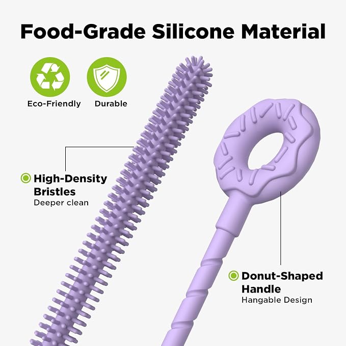 Silicone Straw Cleaner Brush, 2 Pcs Reusable Cleaning Brushes for Straws, 6mm&9mm, Purple
