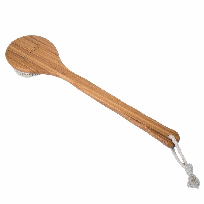 Janrely Bath Dry Body Brush Natural Bristles Back Scrubber With Long Wooden Handle For Cellulite And Exfoliating