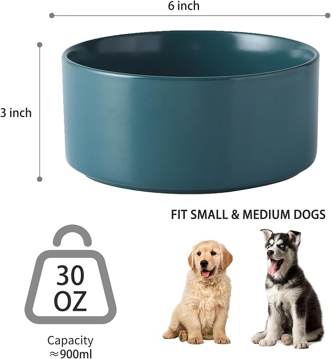 Ceramic Set of 2 Dog Bowls - Classic Dogs Food & Water Bowl for Small and Medium Breed, Heavy-Duty Non-Slip Dog Dishes, Food Grade Pet Bowl, Dishwasher & Microwave Safe (6'', 2*30OZ, Green)