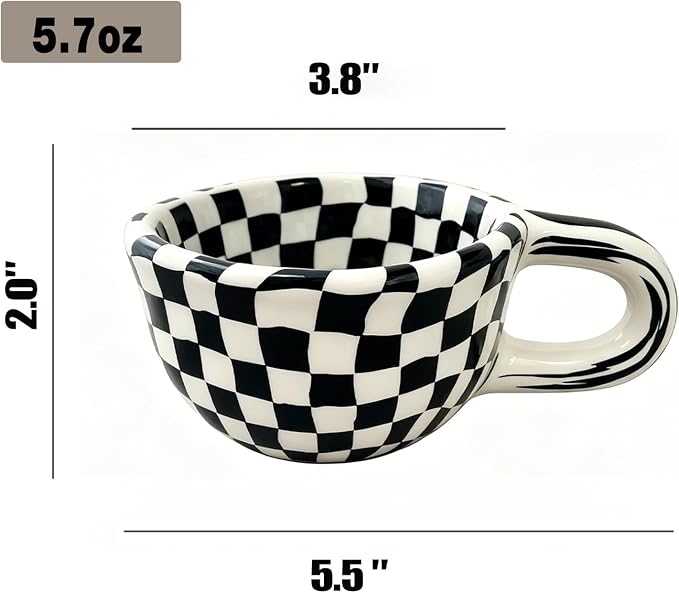 Ceramic Coffee Mug 5.7Oz Small Checkered Coffee Cups Alpine Pattern Hot Chocolate Cup Handmade Checkerboard Latte Mug Aesthetic Gift for Coffee Lovers Microwave Safe,Black checkered