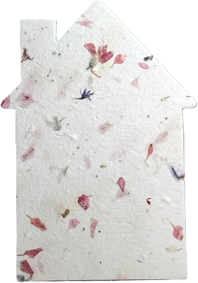 Of The Earth Handmade Paper - Wildflower Seed Paper House Shaped Cards - w/Seeds & Petals - 5" x 7" - Set of 8 - Guides & Envelopes Included (48s Pink & Blue)