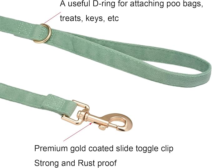 Soft Corduroy Dog Collar and Leash Set Adjustable Durable Dog Collars with Metal Buckle and Lead for Small Dogs,Grass Green