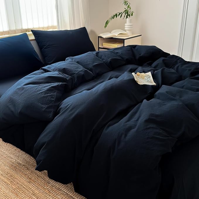 FACE TWO FACE Bedding Duvet Cover Set100% Washed Cotton Duvet Cover Linen Like Textured Breathable Durable Soft Comfy (Full, Tibetan Blue)