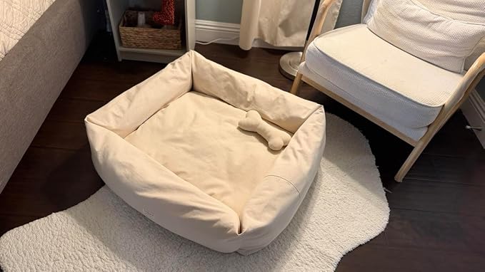 Rectangular Natural Cotton Canvas Dog Bed with Raw Cotton Insert – Eco Friendly Pet Bed with Removable Washable Cover, Breathable Cushion for Dogs & Cats (Natural, Medium 30" × 20" × 7")