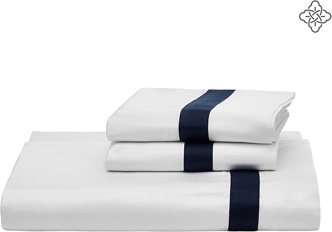BIOWEAVES 100% Organic Cotton Banded Sheets Soft & Silky Sateen Weaves 4-Piece GOTS Certified Bed Sheet Set Fits Mattress Upto 17" Deep Pocket (King, White & Navy Blue)