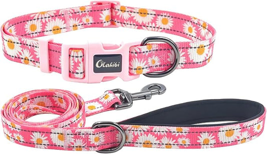 Dog Collar Leash Set, Floral Pattern, with Safety Reflective Strips, 5 ft Matching Leash, Neoprene Padded Handle, Adjustable 4 Sizes for Small Medium Large Dogs.(M, Pink Daisy)