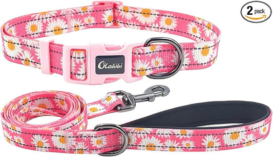 Dog Collar Leash Set, Floral Pattern, with Safety Reflective Strips, 5 ft Matching Leash, Neoprene Padded Handle, Adjustable 4 Sizes for Small Medium Large Dogs.(S, Pink Daisy)
