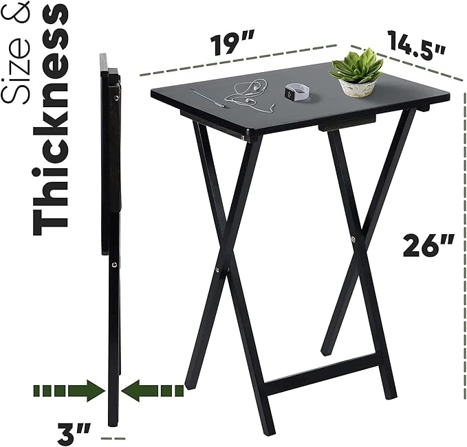 PJ Wood 2-Pack Folding TV Tray Set, Black - Collapsible Portable Snack Serving Tables, Home Furniture for Living Room, Bedroom, and Kitchen