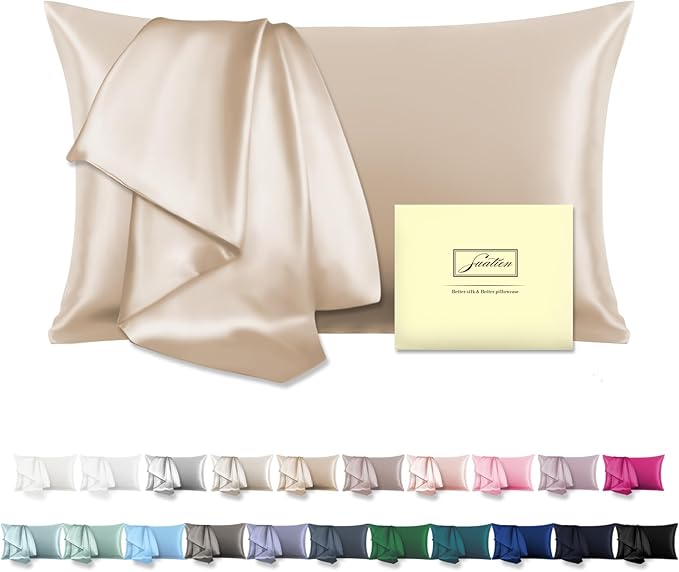 Natural Mulberry Silk Pillowcase for Hair and Skin Queen Size 20"X30" Pillow Case with Hidden Zipper Soft Breathable Smooth Cooling Silk Pillow Covers for Sleeping (Champagne,Queen,1Pcs)